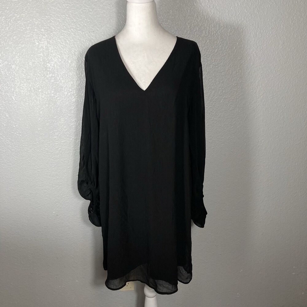 Entro Women's Black Tunic Dress L Long Sheer Sleeve V Neck Solid Whimsigoth